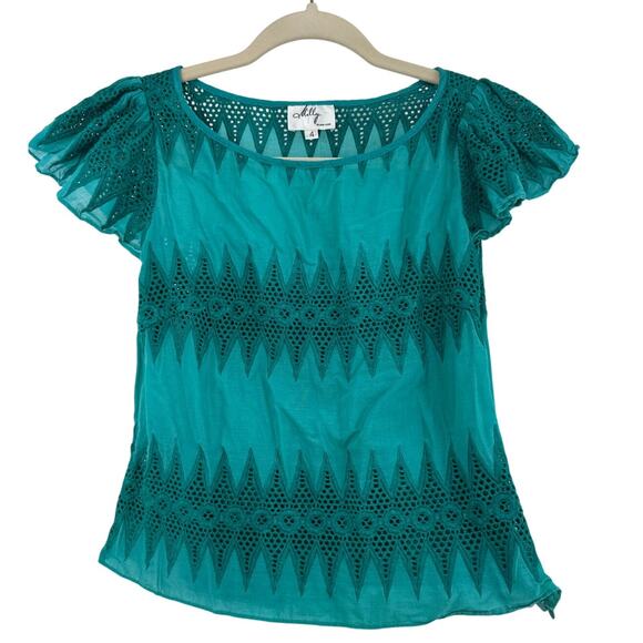 Milly Eyelet Embroidered Short Sleeve Blouse Teal Green Size 4 - Picture 2 of 6